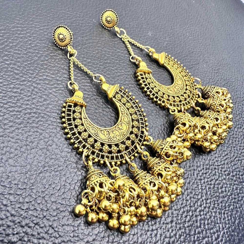 Bollywood Desi Jhumka Oxidized Gold tone Crescent Earrings